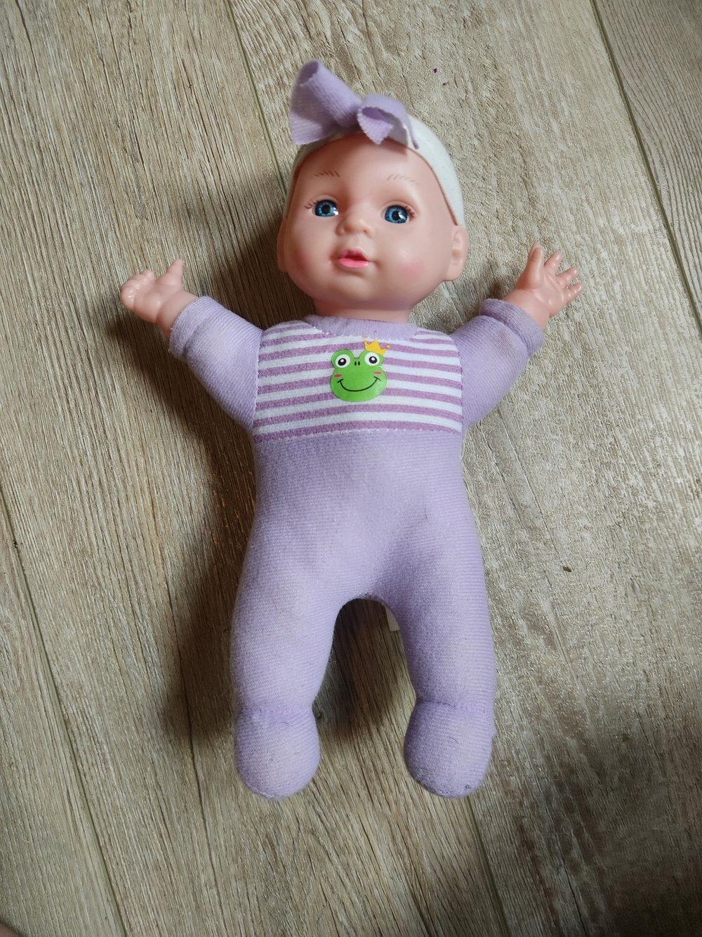Lilac Baby Doll Plush Rattle with Frog Accent